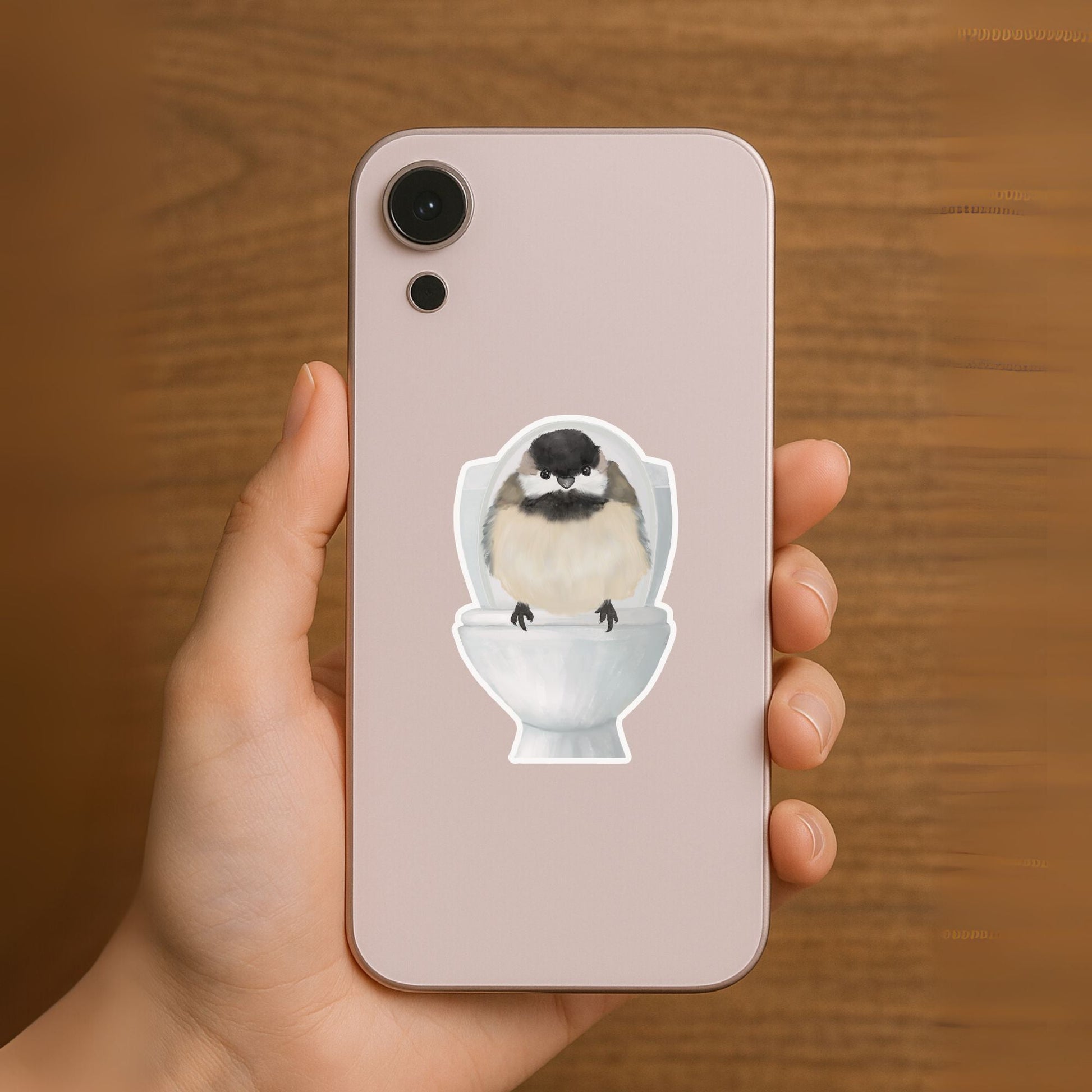 Chickadee on Toilet Vinyl Sticker - MerikaArt