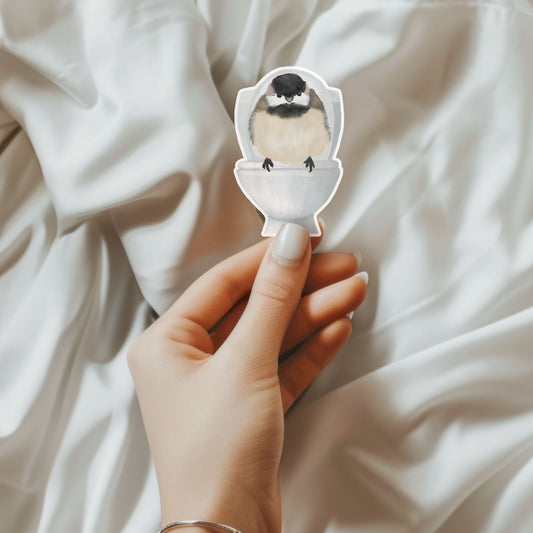 Chickadee on Toilet Vinyl Sticker - MerikaArt