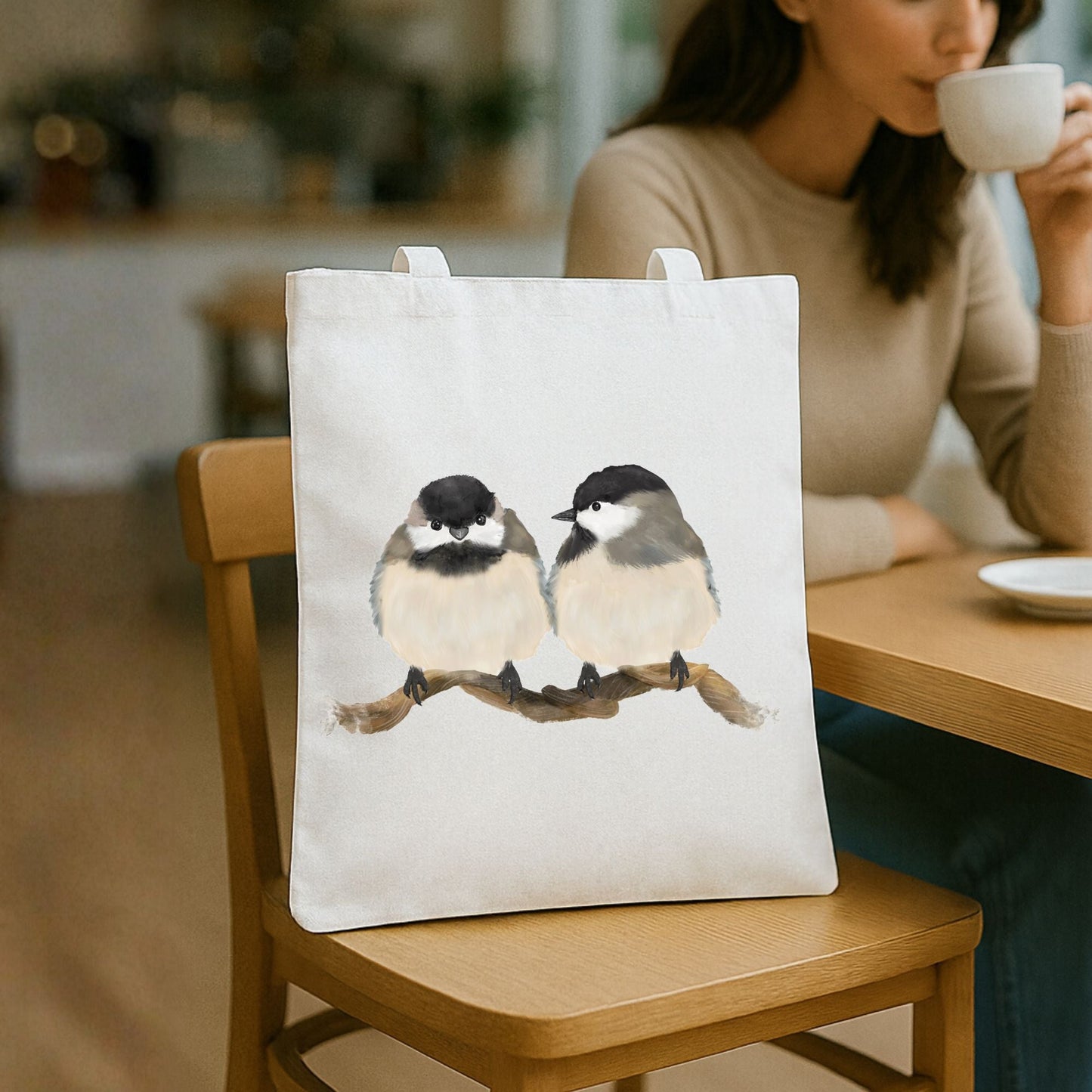 Chickadee Pair Canvas Tote Bag - MerikaArt
