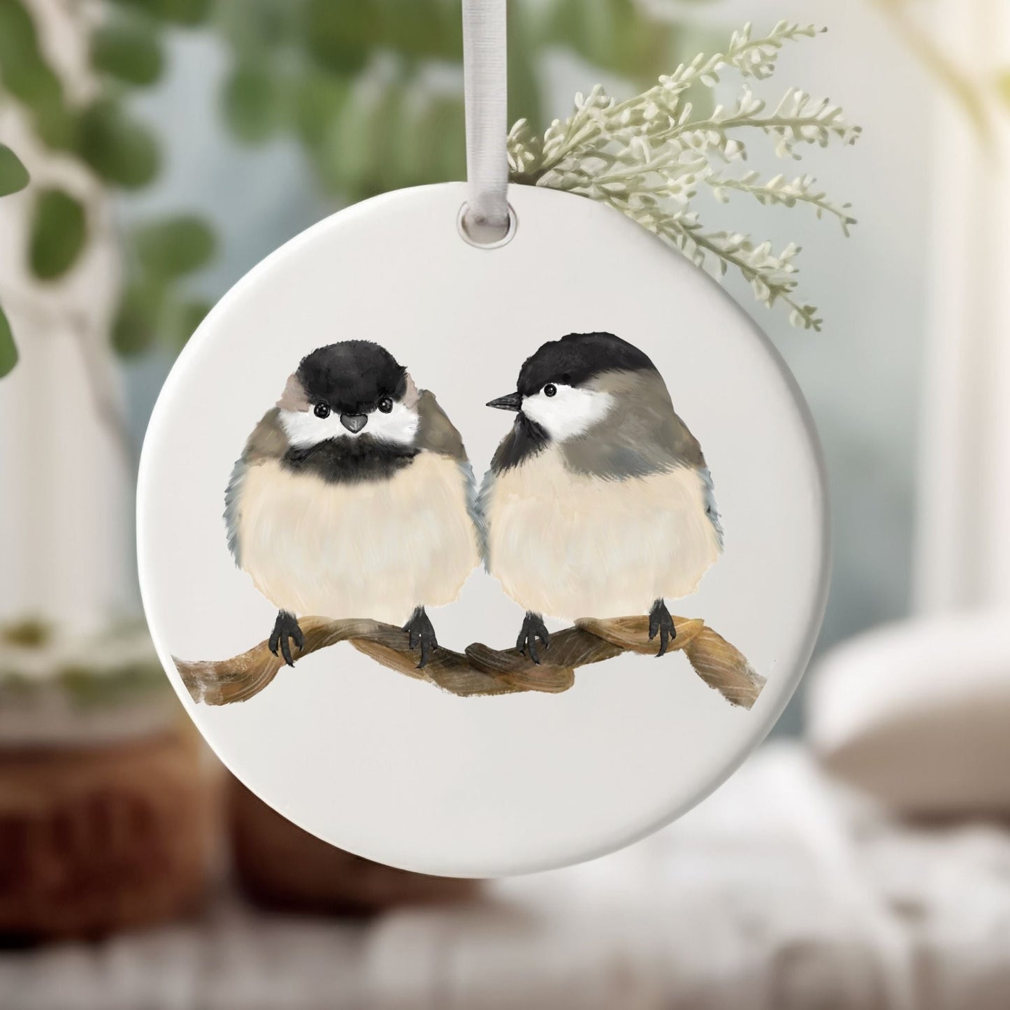 Chickadee Pair Ceramic Ornament - MerikaArt