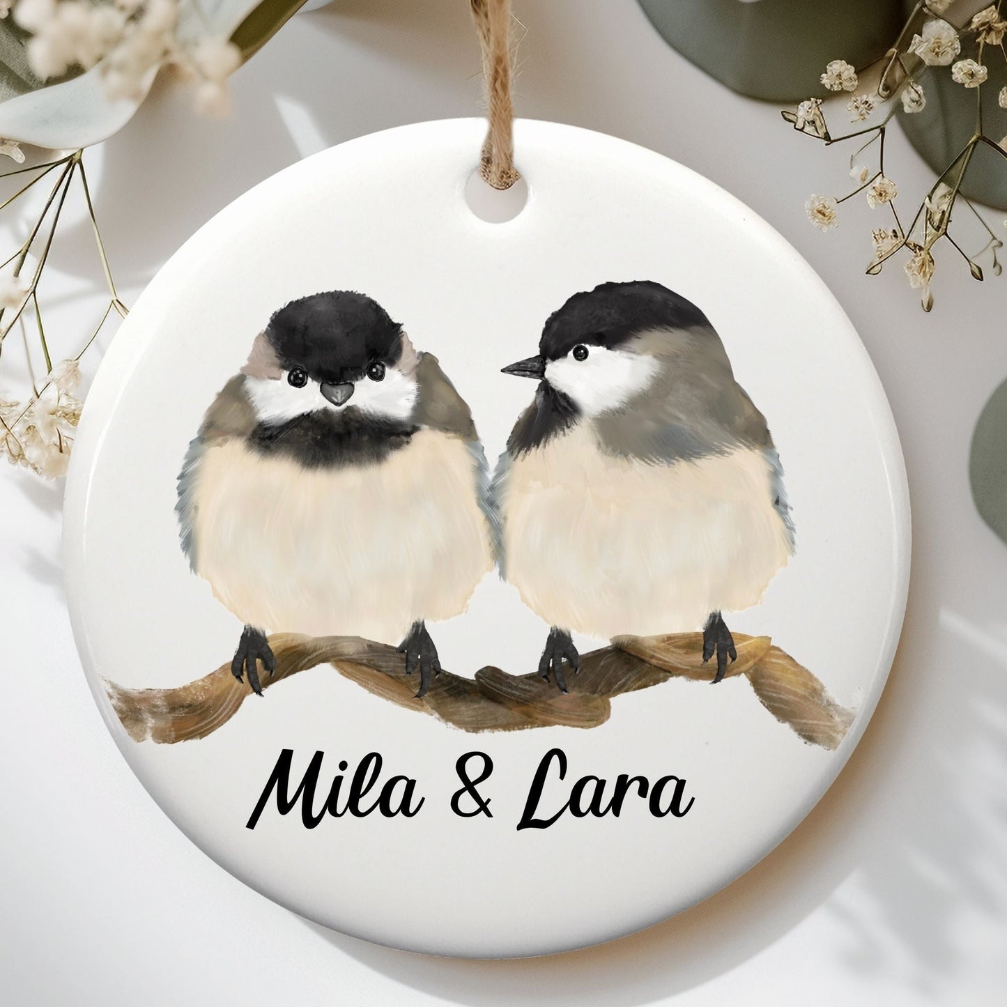 Chickadee Pair Ceramic Ornament - MerikaArt