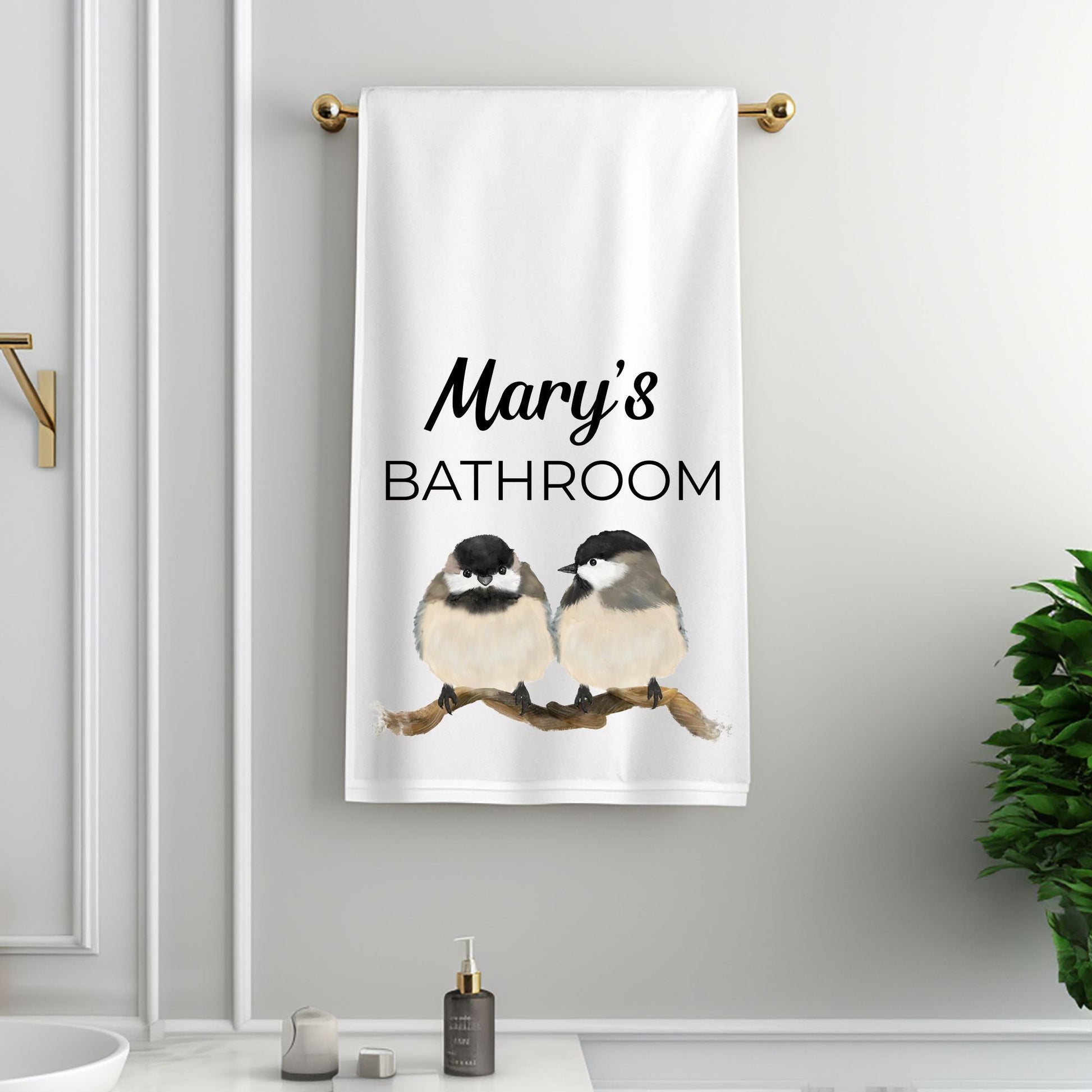 Chickadee Pair on Branch Bathroom Towel - MerikaArt