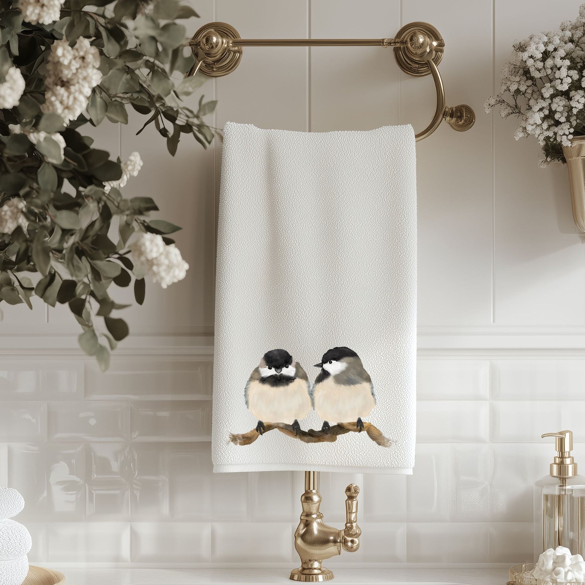 Chickadee Pair on Branch Bathroom Towel - MerikaArt