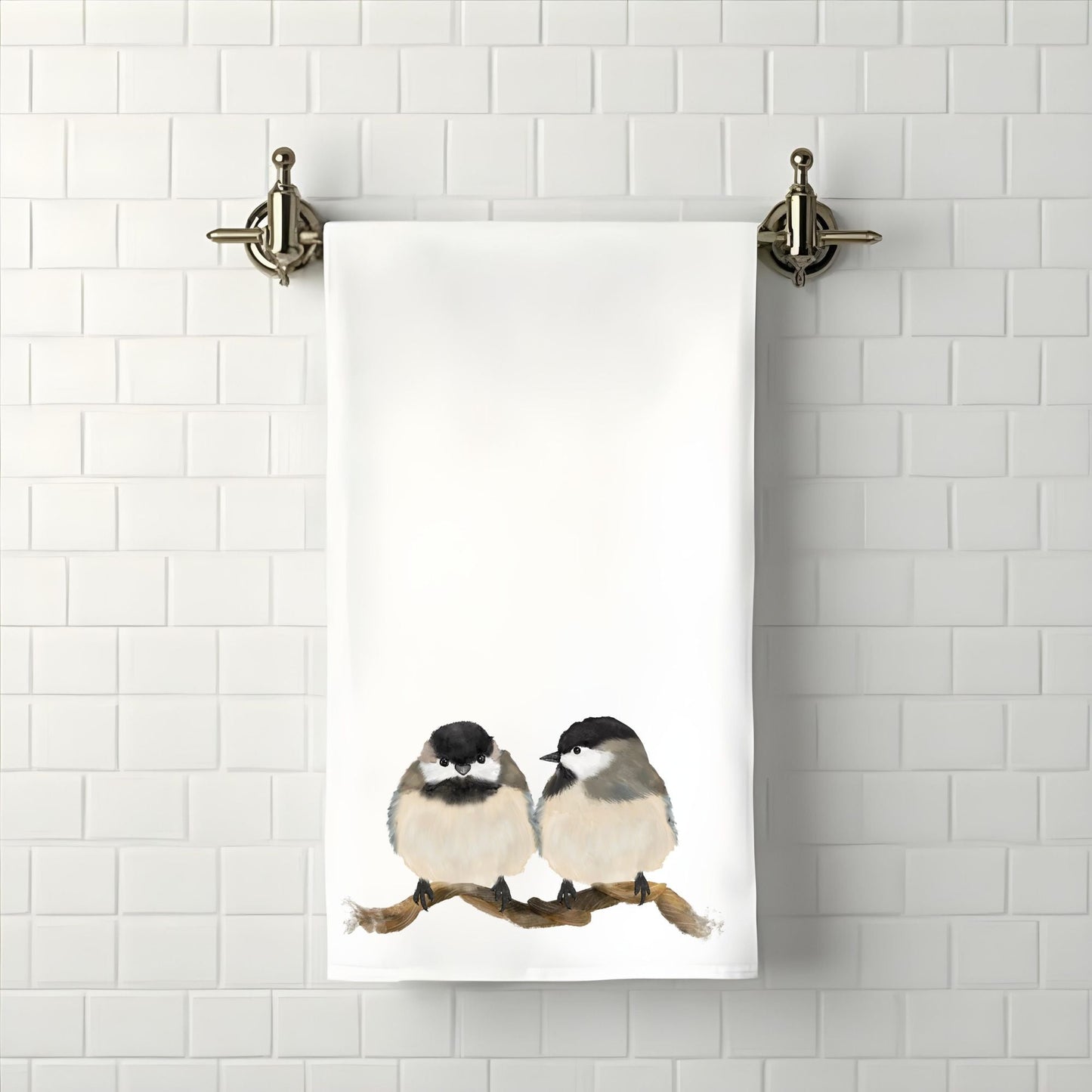 Chickadee Pair on Branch Bathroom Towel - MerikaArt