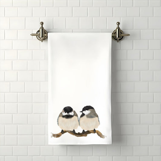 Chickadee Pair on Branch Bathroom Towel - MerikaArt