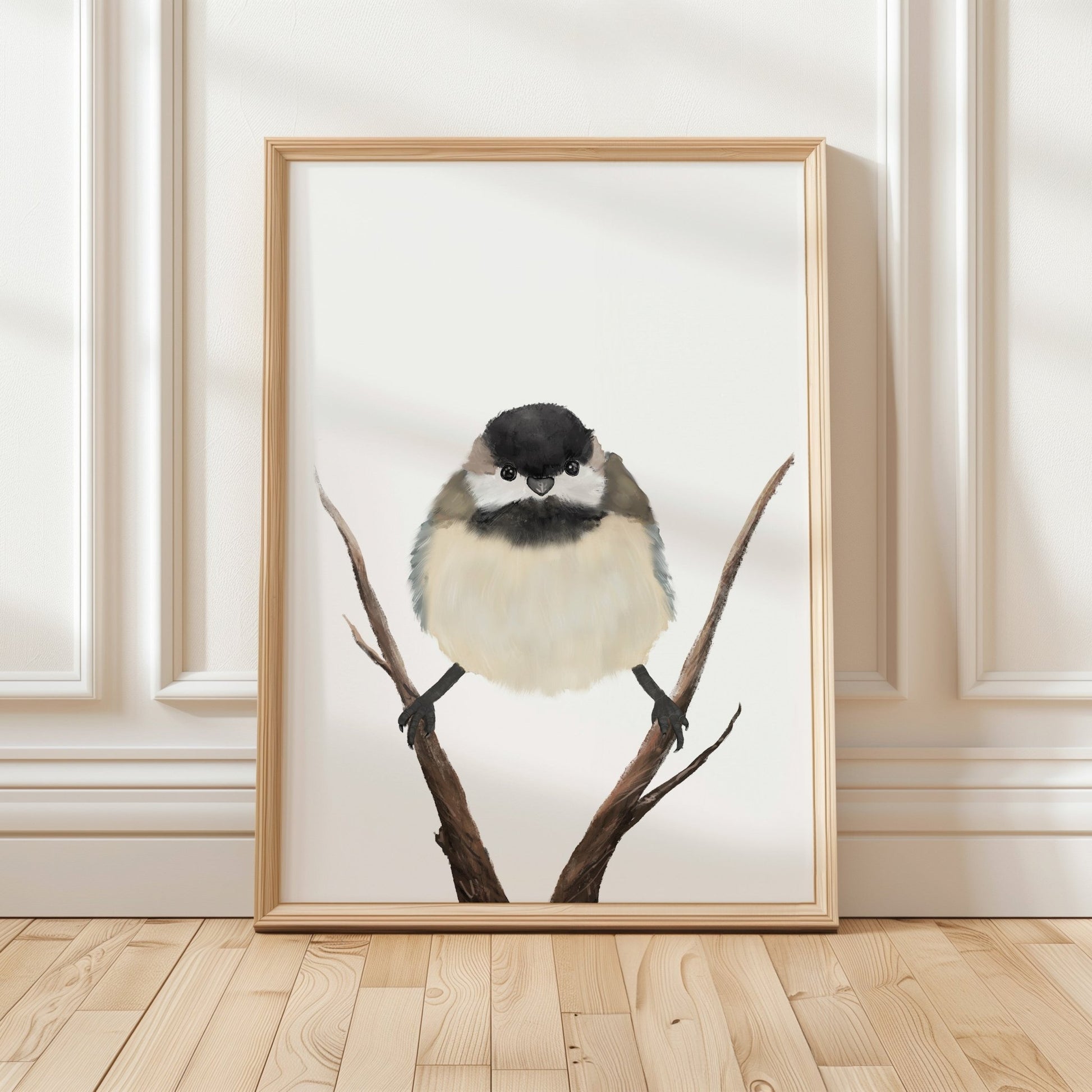 Chickadee Wall Art Print – Fluffy Black - capped Songbird Illustration for Bird Lovers - MerikaArt