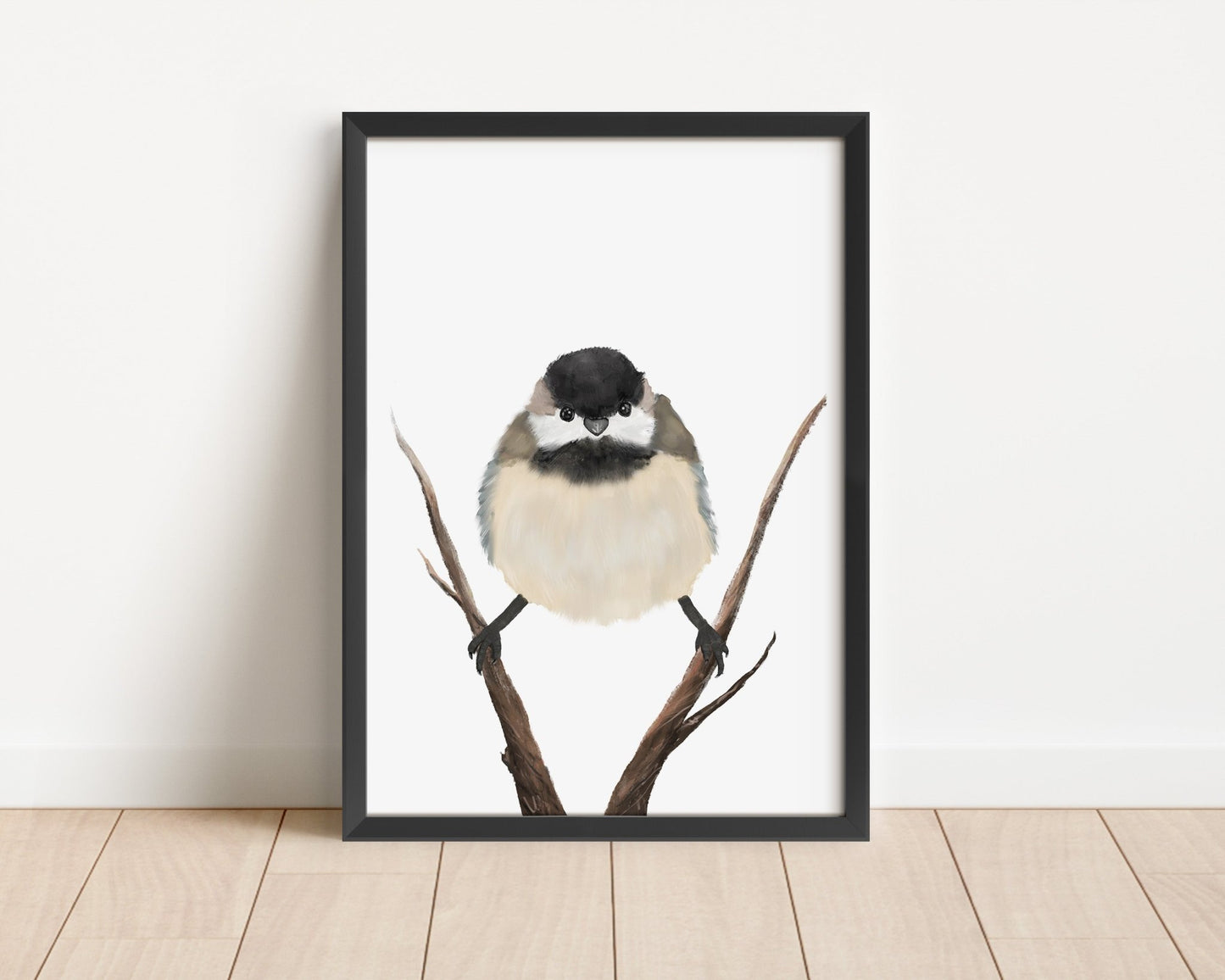 Chickadee Wall Art Print – Fluffy Black - capped Songbird Illustration for Bird Lovers - MerikaArt