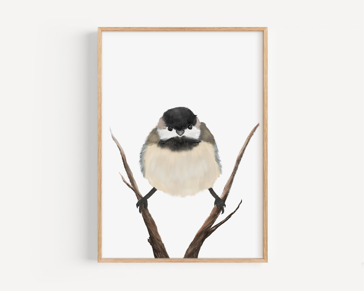Chickadee Wall Art Print – Fluffy Black - capped Songbird Illustration for Bird Lovers - MerikaArt