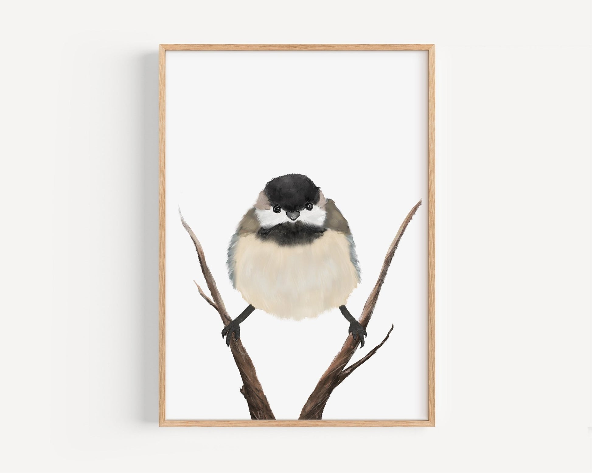 Chickadee Wall Art Print – Fluffy Black - capped Songbird Illustration for Bird Lovers - MerikaArt