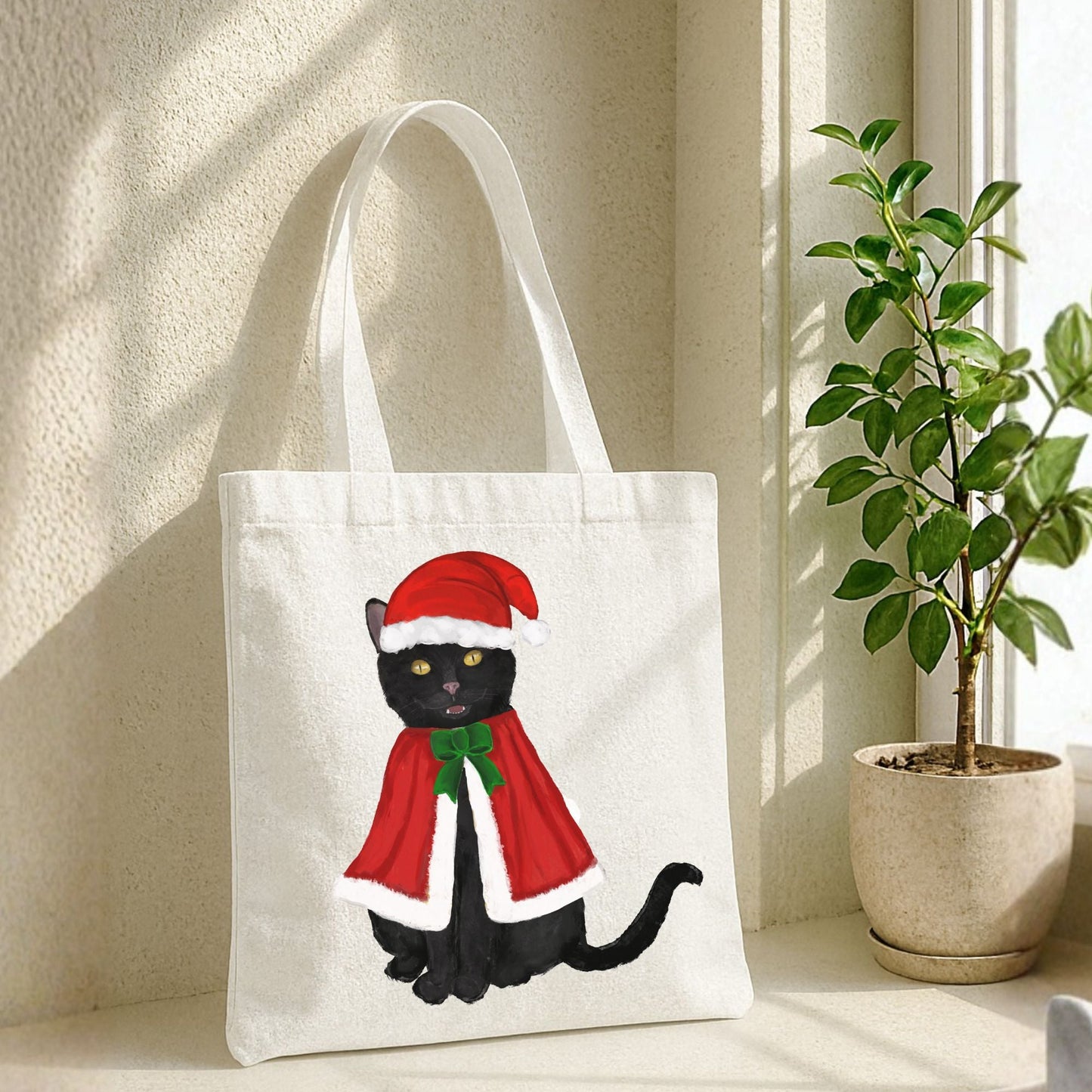 Christmas Black Cat Canvas Tote Bag - MerikaArt
