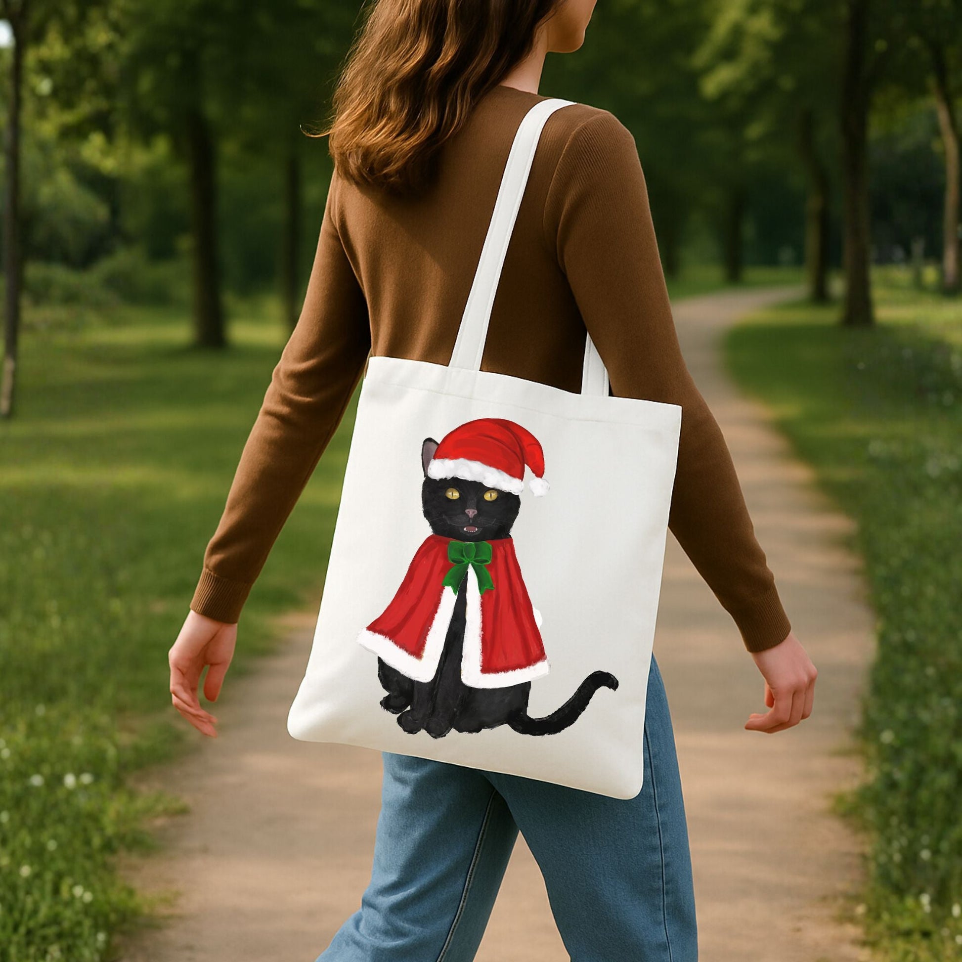 Christmas Black Cat Canvas Tote Bag - MerikaArt