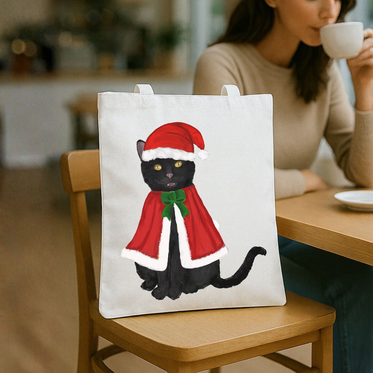 Christmas Black Cat Canvas Tote Bag - MerikaArt