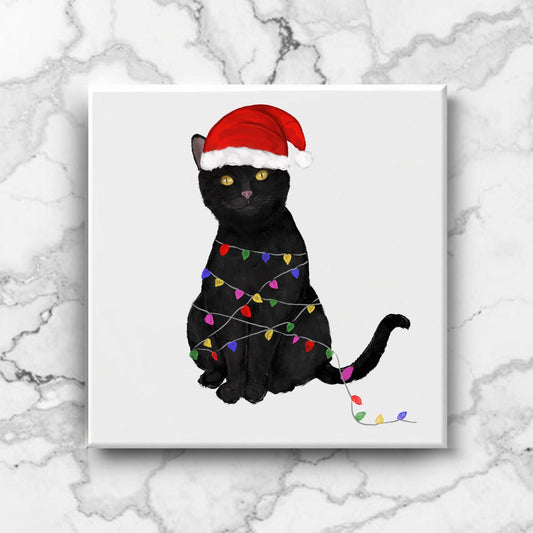 Christmas Black Cat Illustration – Festive Lights and Santa Hat - MerikaArt