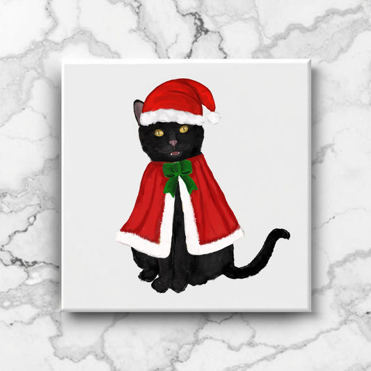 Christmas Black Cat Illustration – Festive Santa Cape and Hat - MerikaArt