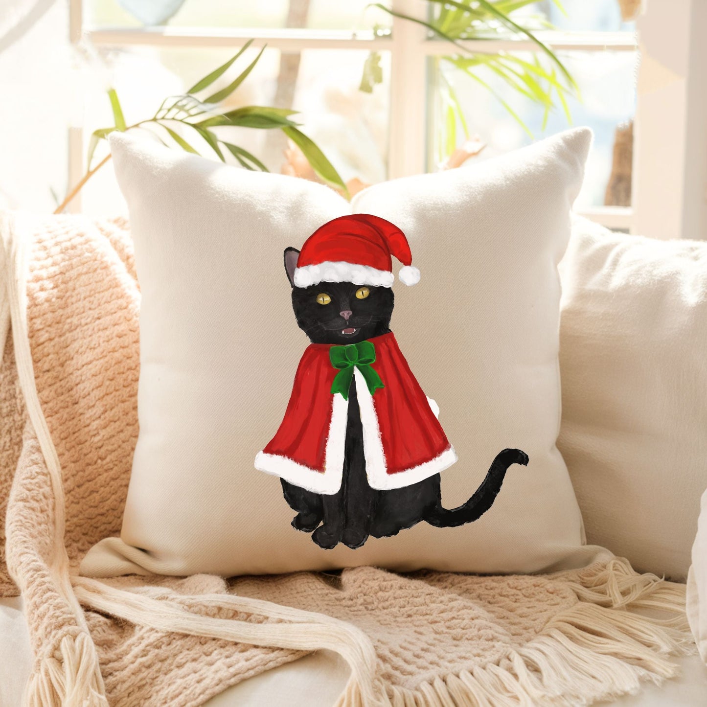 Christmas Black Cat Pillow - MerikaArt