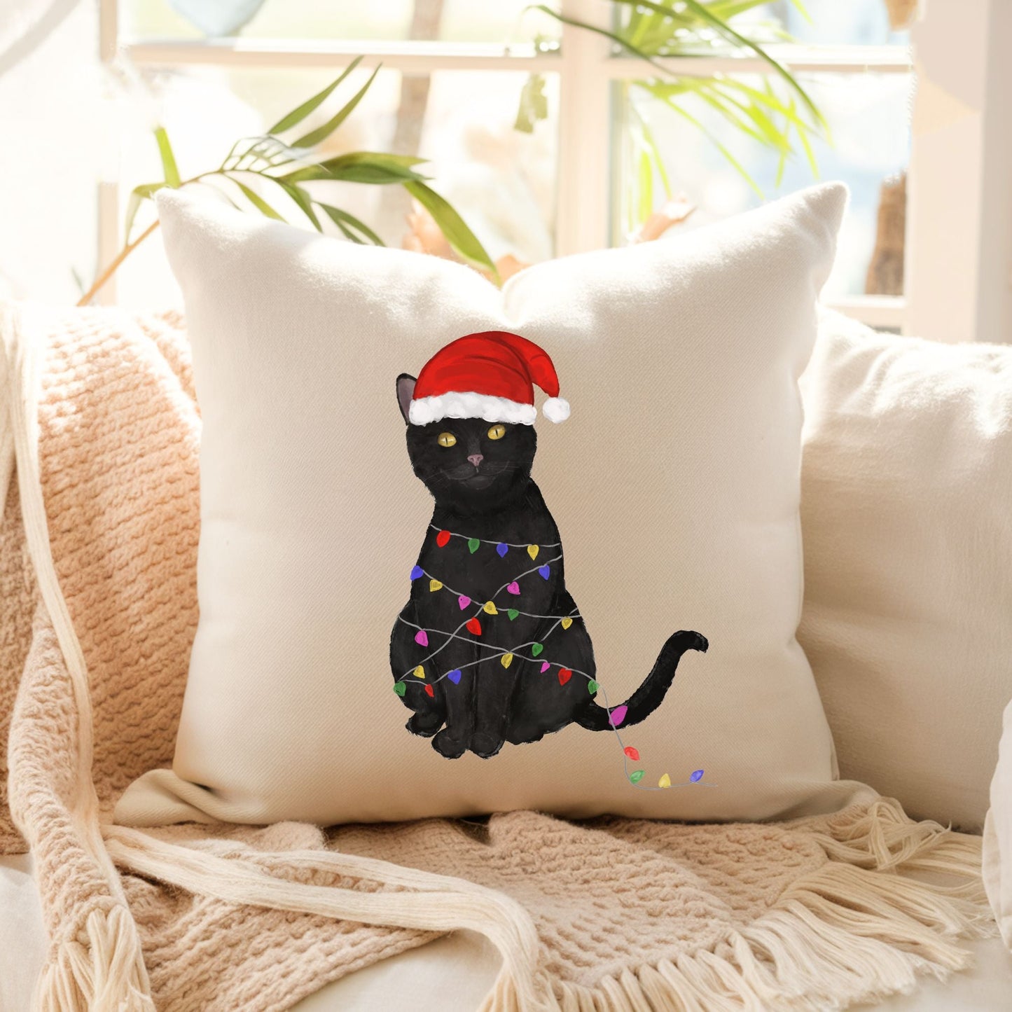 Christmas Black Cat Pillow - MerikaArt