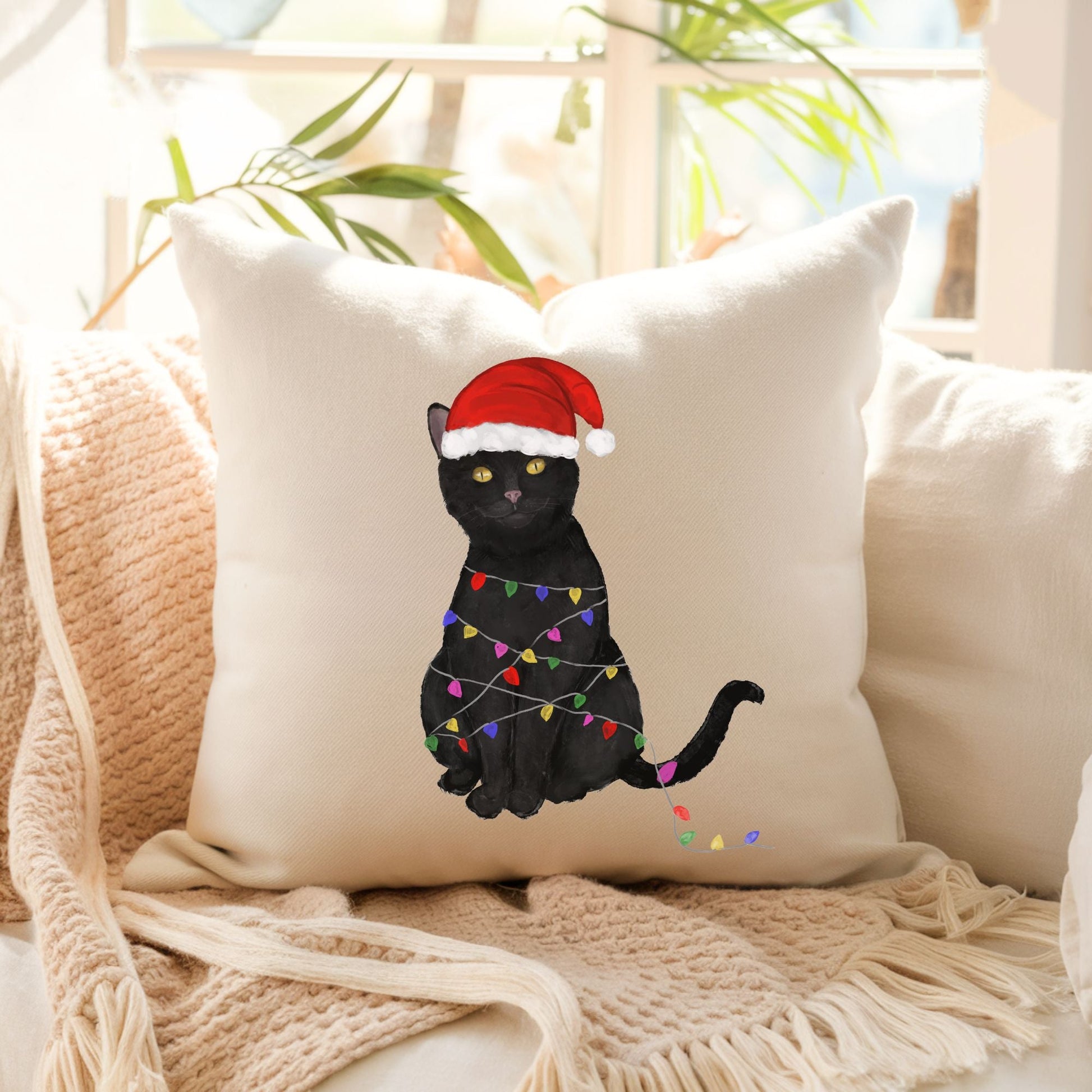 Christmas Black Cat Pillow - MerikaArt