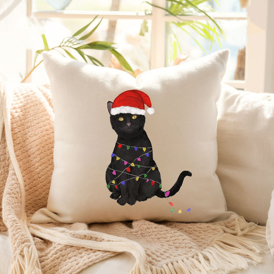 Christmas Black Cat Pillow - MerikaArt