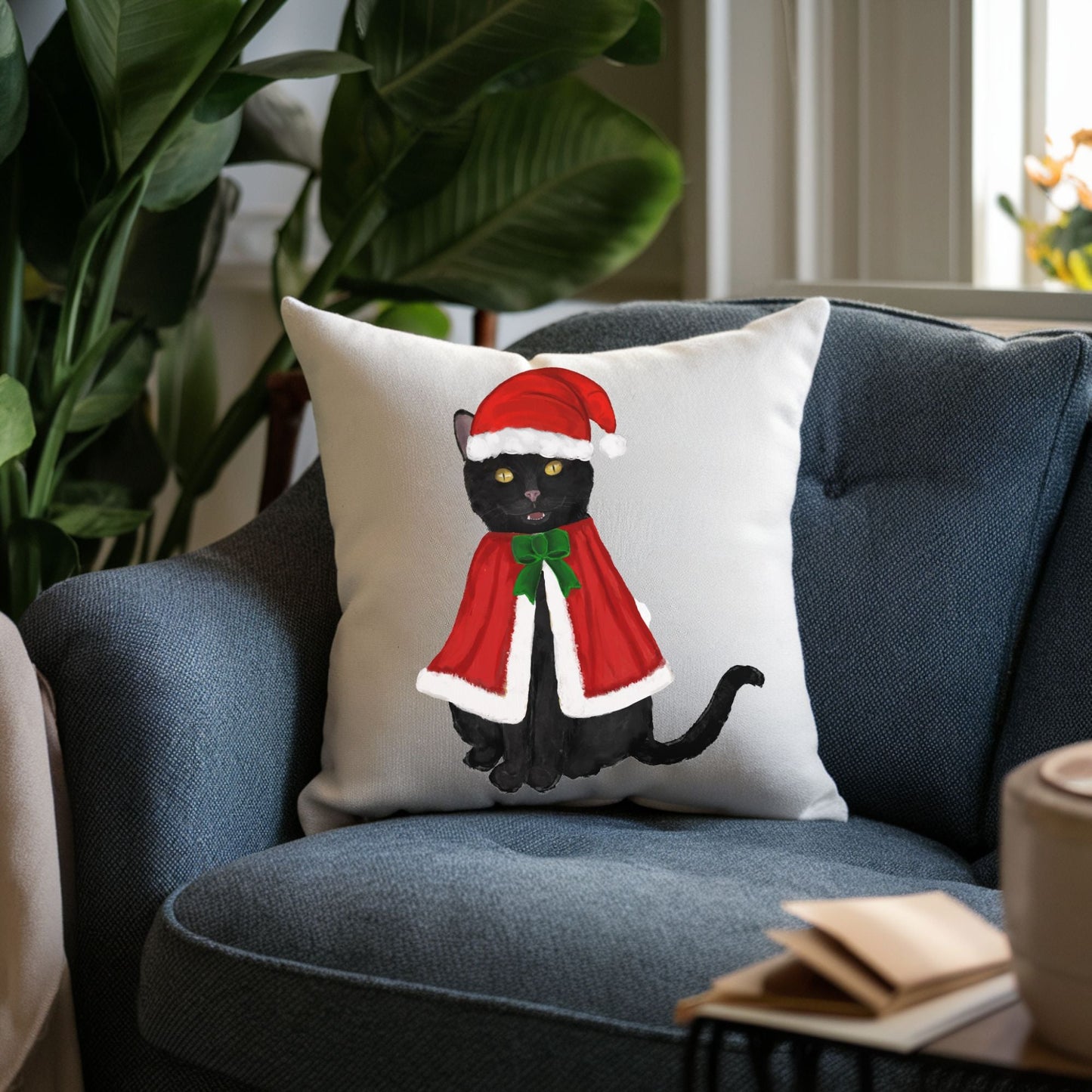 Christmas Black Cat Pillow - MerikaArt
