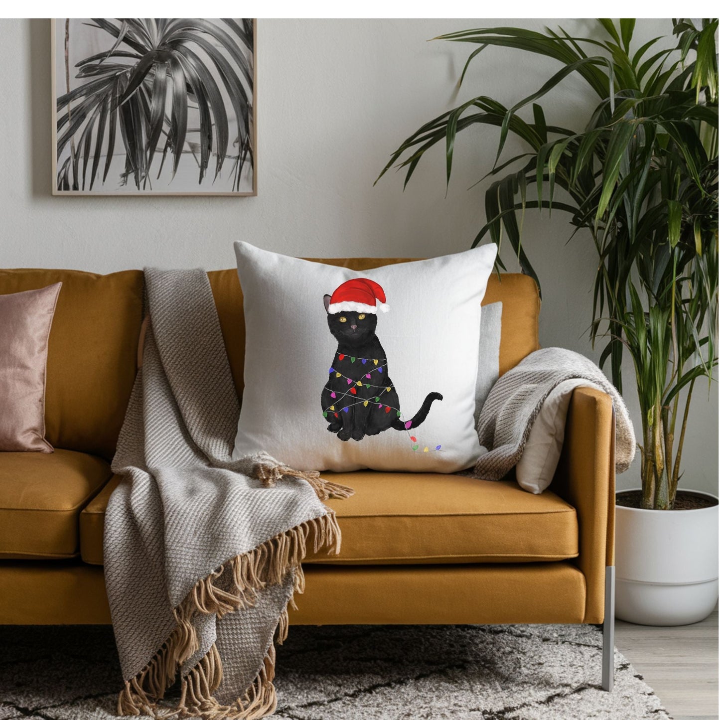 Christmas Black Cat Pillow - MerikaArt