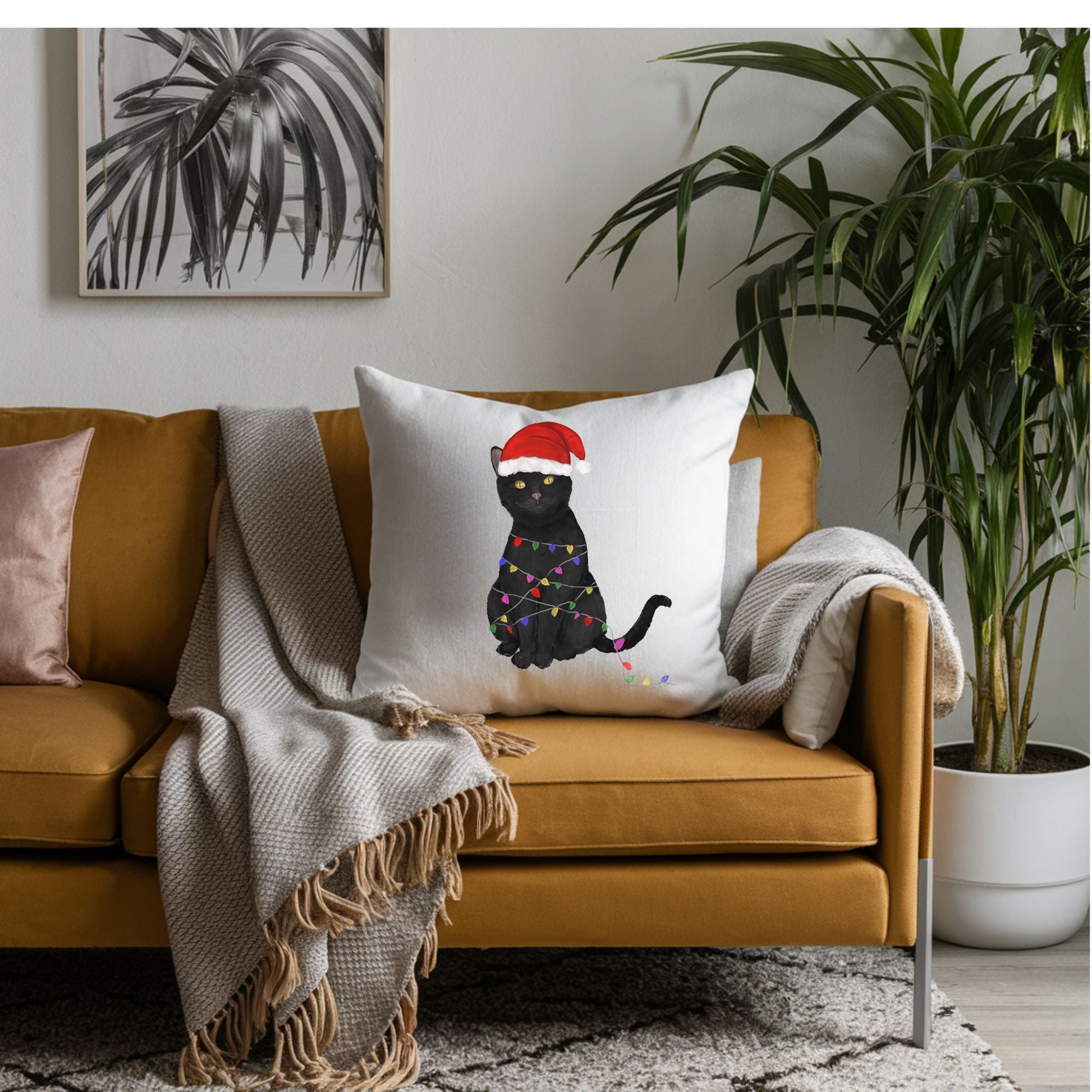 Christmas Black Cat Pillow - MerikaArt