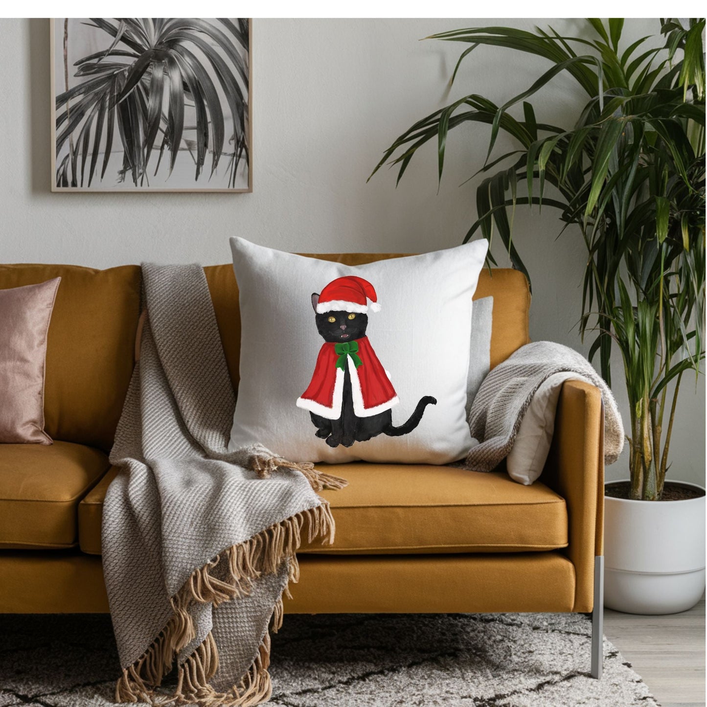 Christmas Black Cat Pillow - MerikaArt