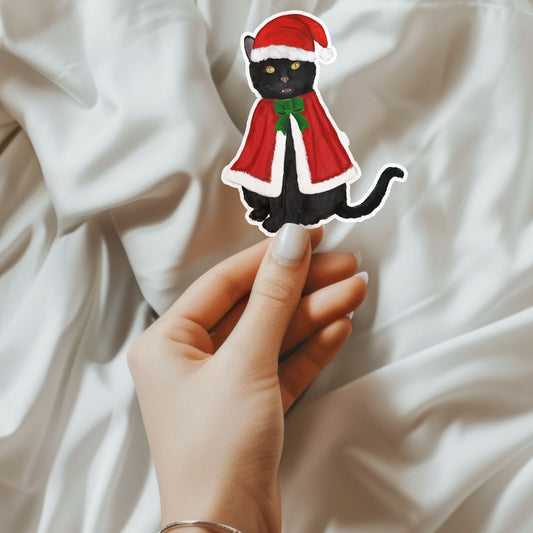 Christmas Black Cat Sticker - MerikaArt