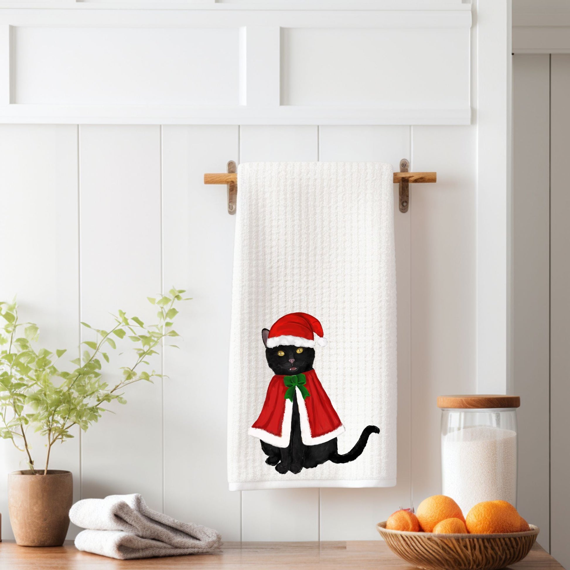 Christmas Black Cat Waffle Weave Kitchen Towel - MerikaArt