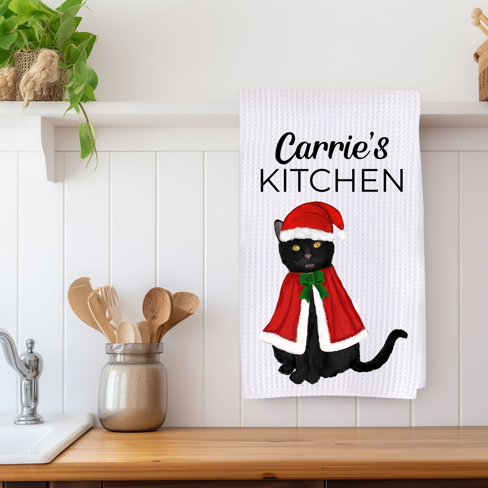 Christmas Black Cat Waffle Weave Kitchen Towel - MerikaArt