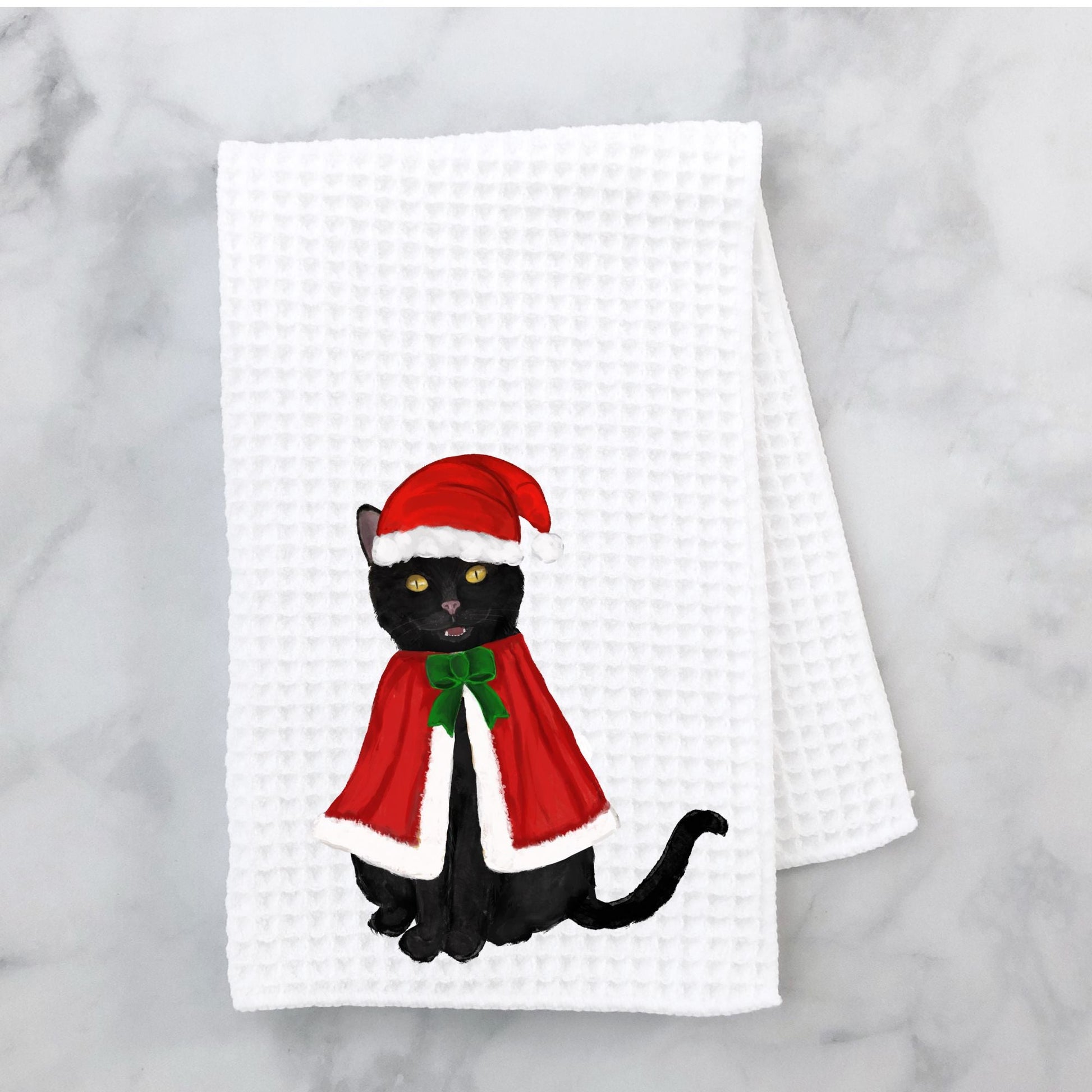 Christmas Black Cat Waffle Weave Kitchen Towel - MerikaArt