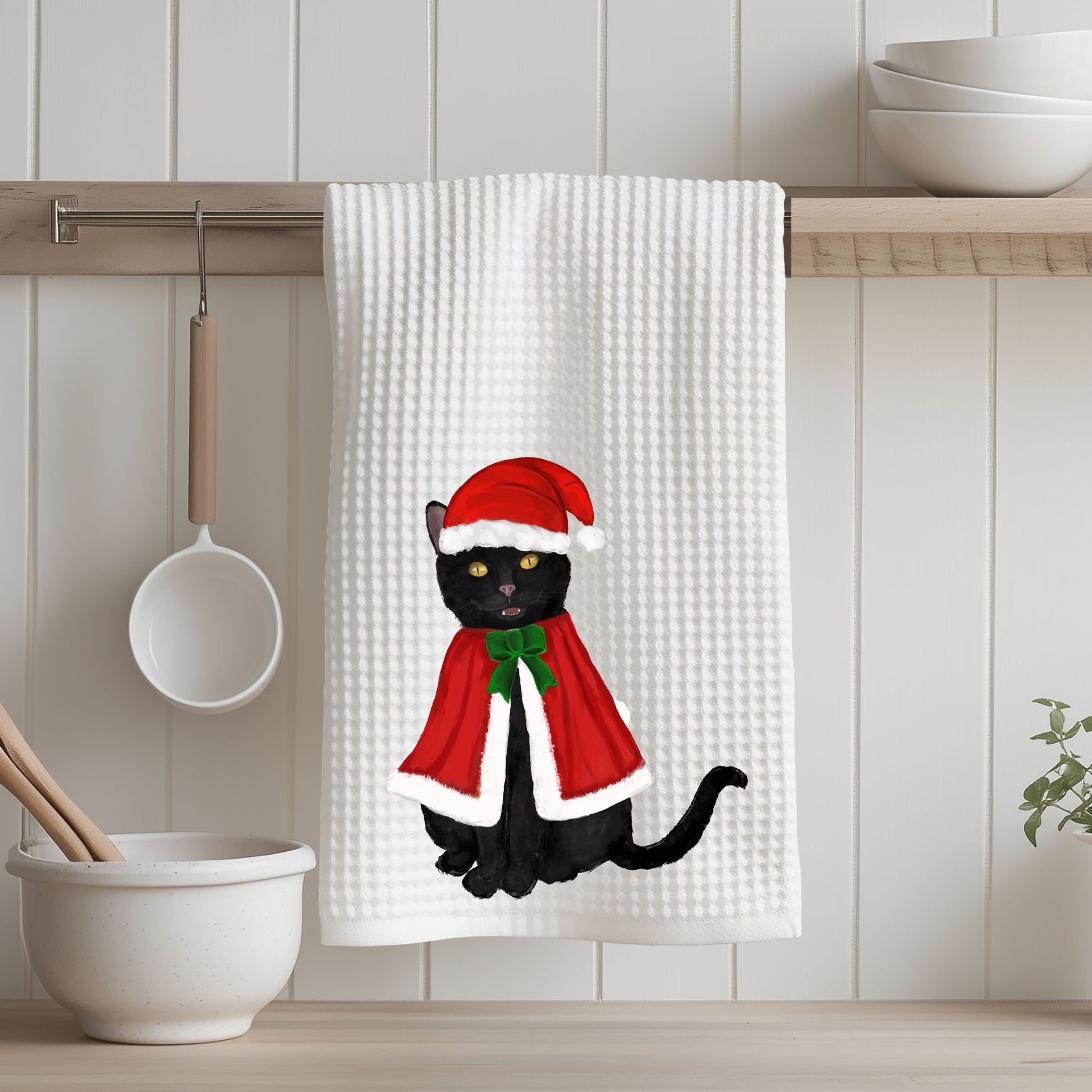 Christmas Black Cat Waffle Weave Kitchen Towel - MerikaArt