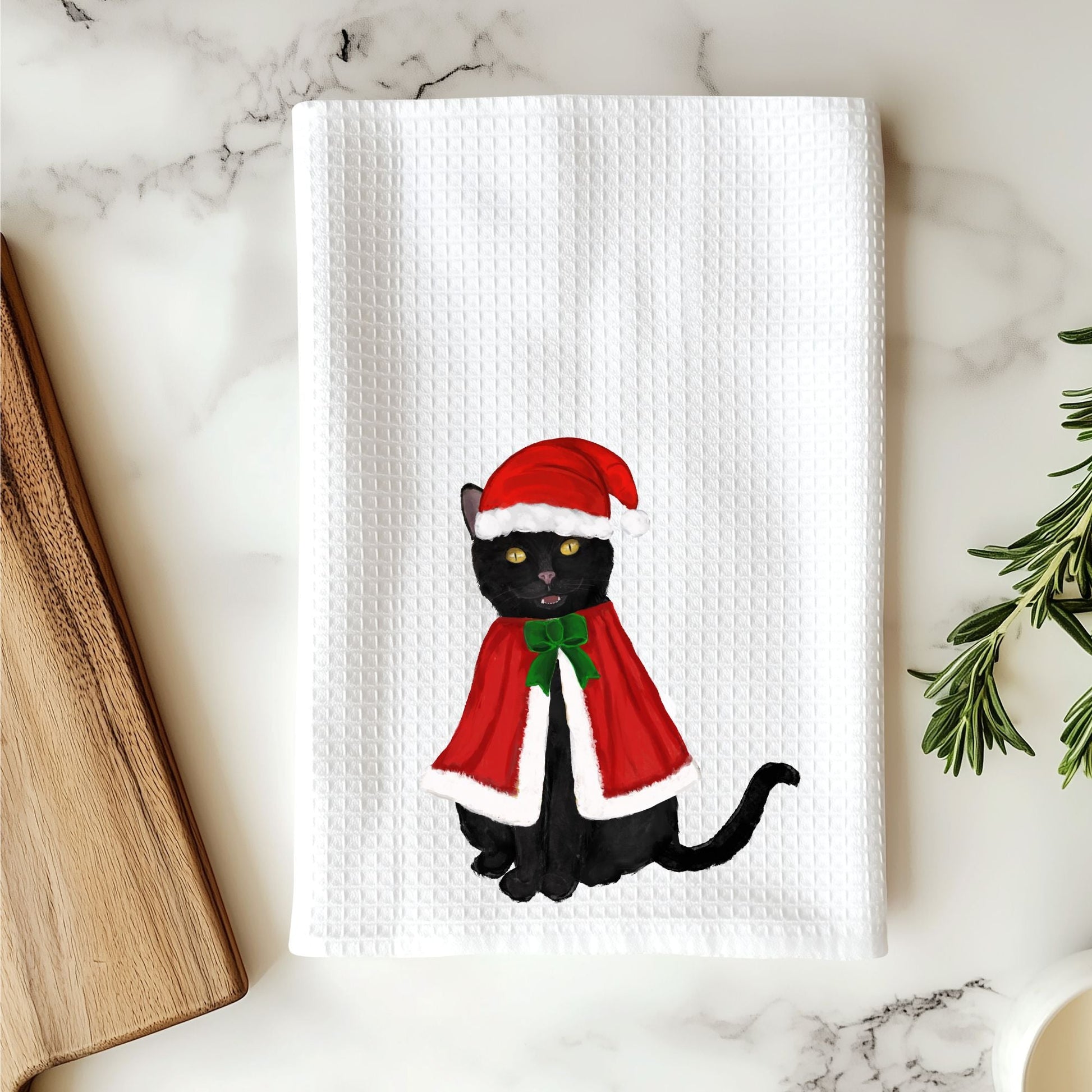 Christmas Black Cat Waffle Weave Kitchen Towel - MerikaArt