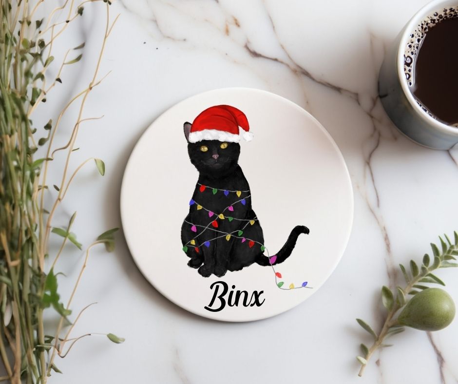 Christmas Black Cat with Santa Hat Ceramic Coaster - MerikaArt