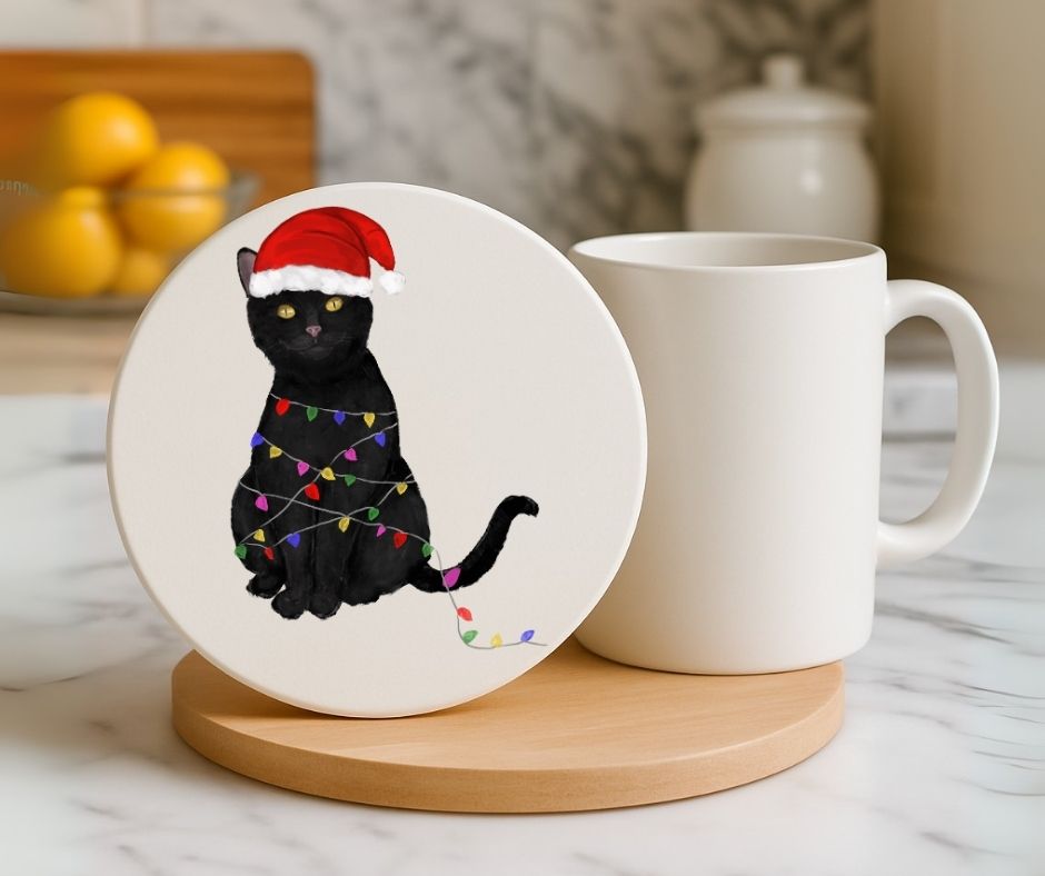 Christmas Black Cat with Santa Hat Ceramic Coaster - MerikaArt