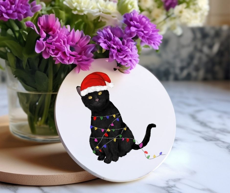 Christmas Black Cat with Santa Hat Ceramic Coaster - MerikaArt