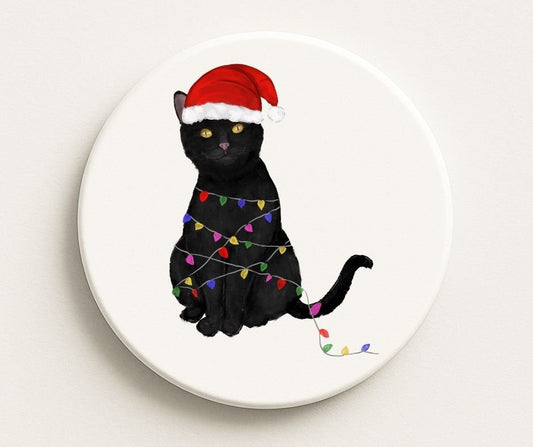 Christmas Black Cat with Santa Hat Ceramic Coaster - MerikaArt