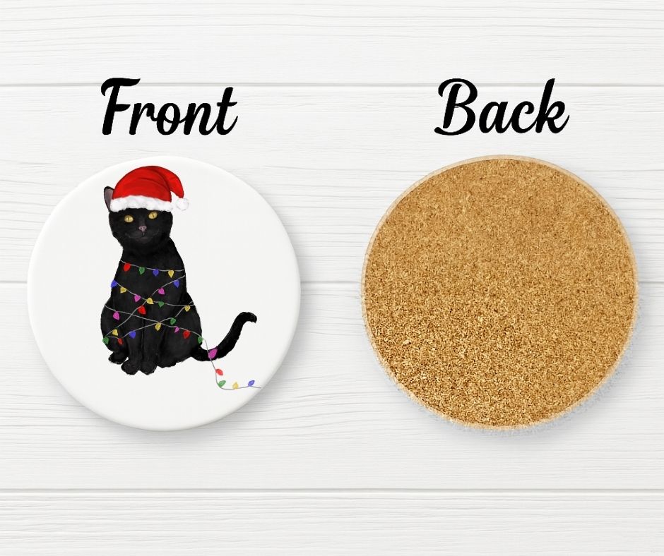 Christmas Black Cat with Santa Hat Ceramic Coaster - MerikaArt