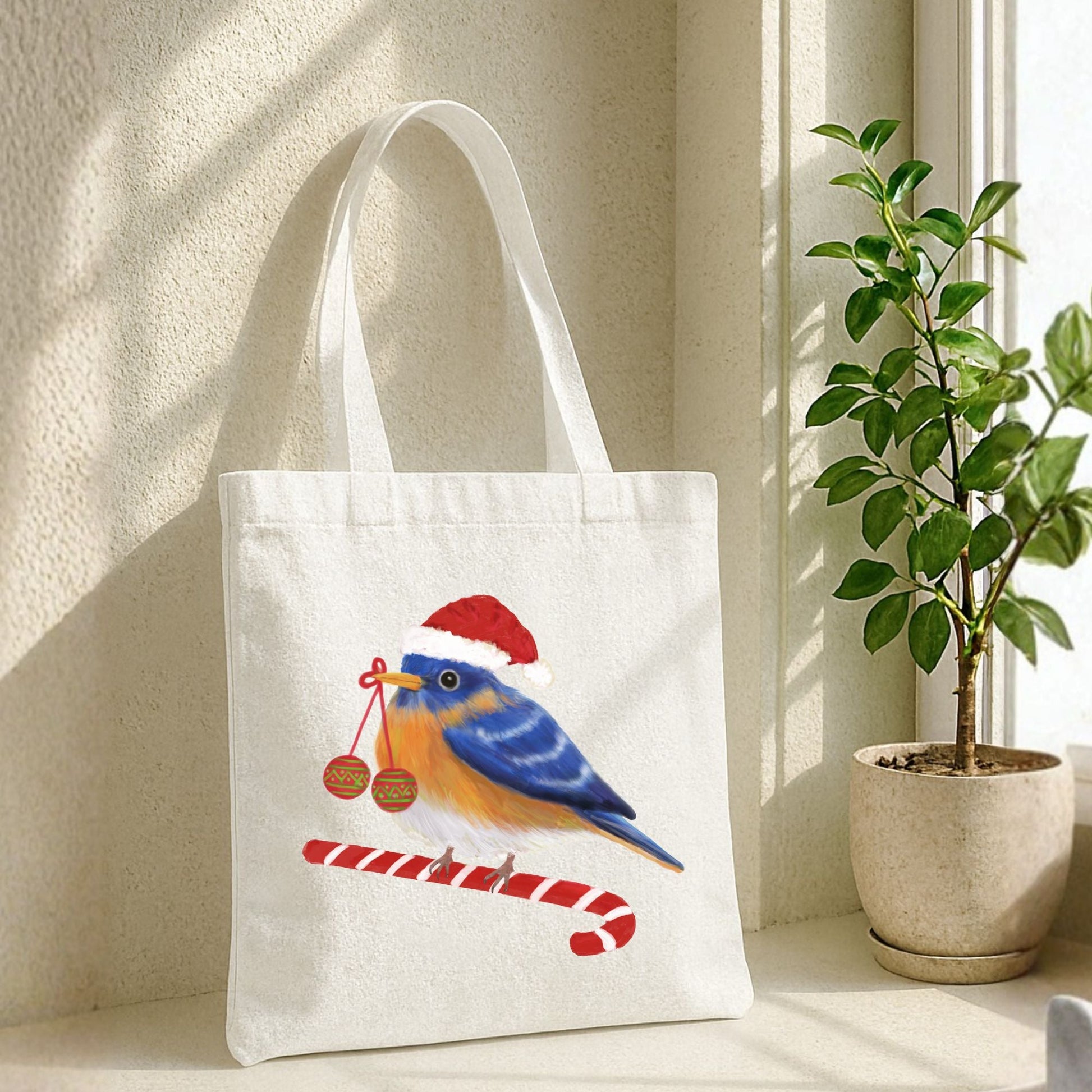 Christmas Bluebird Canvas Tote Bag - MerikaArt