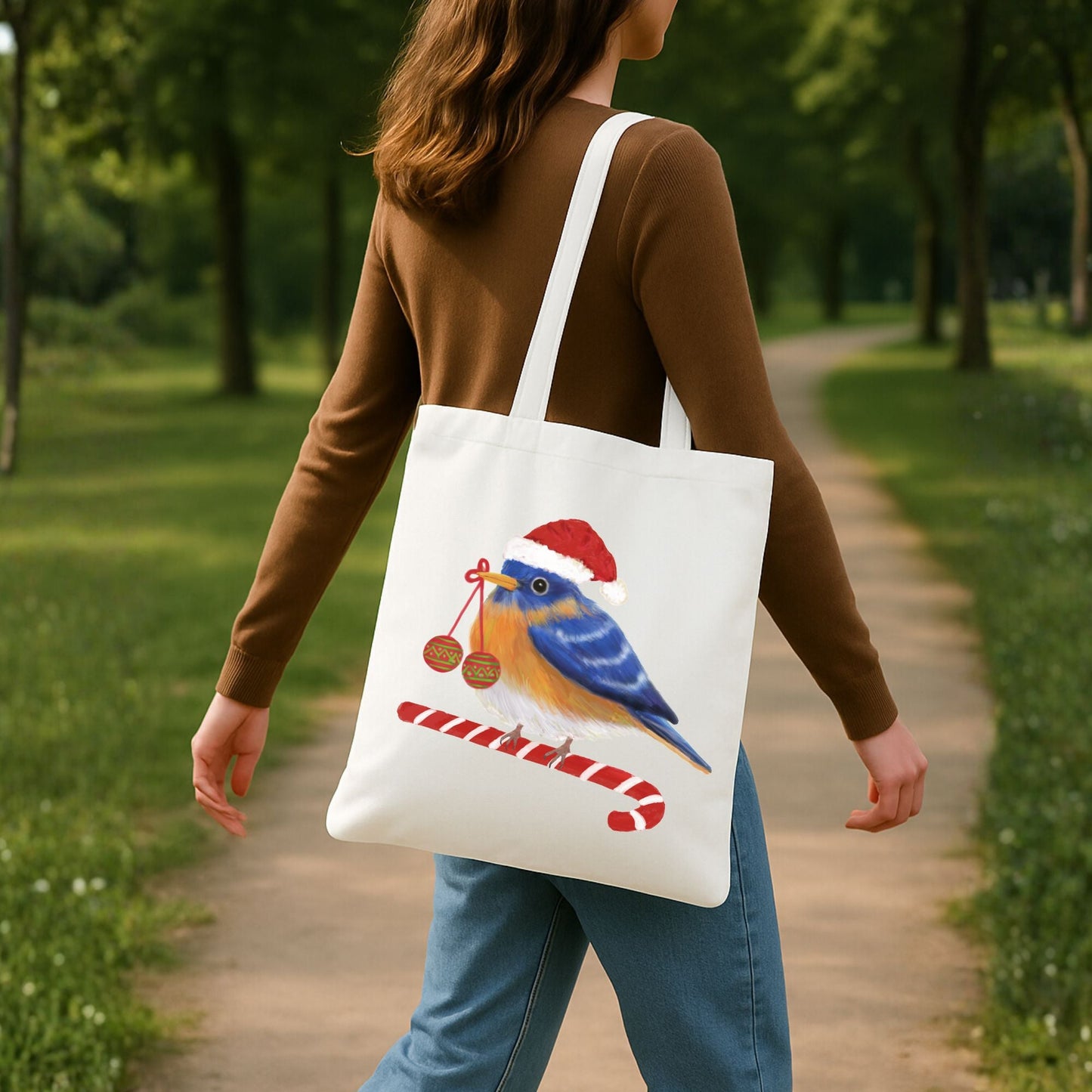 Christmas Bluebird Canvas Tote Bag - MerikaArt