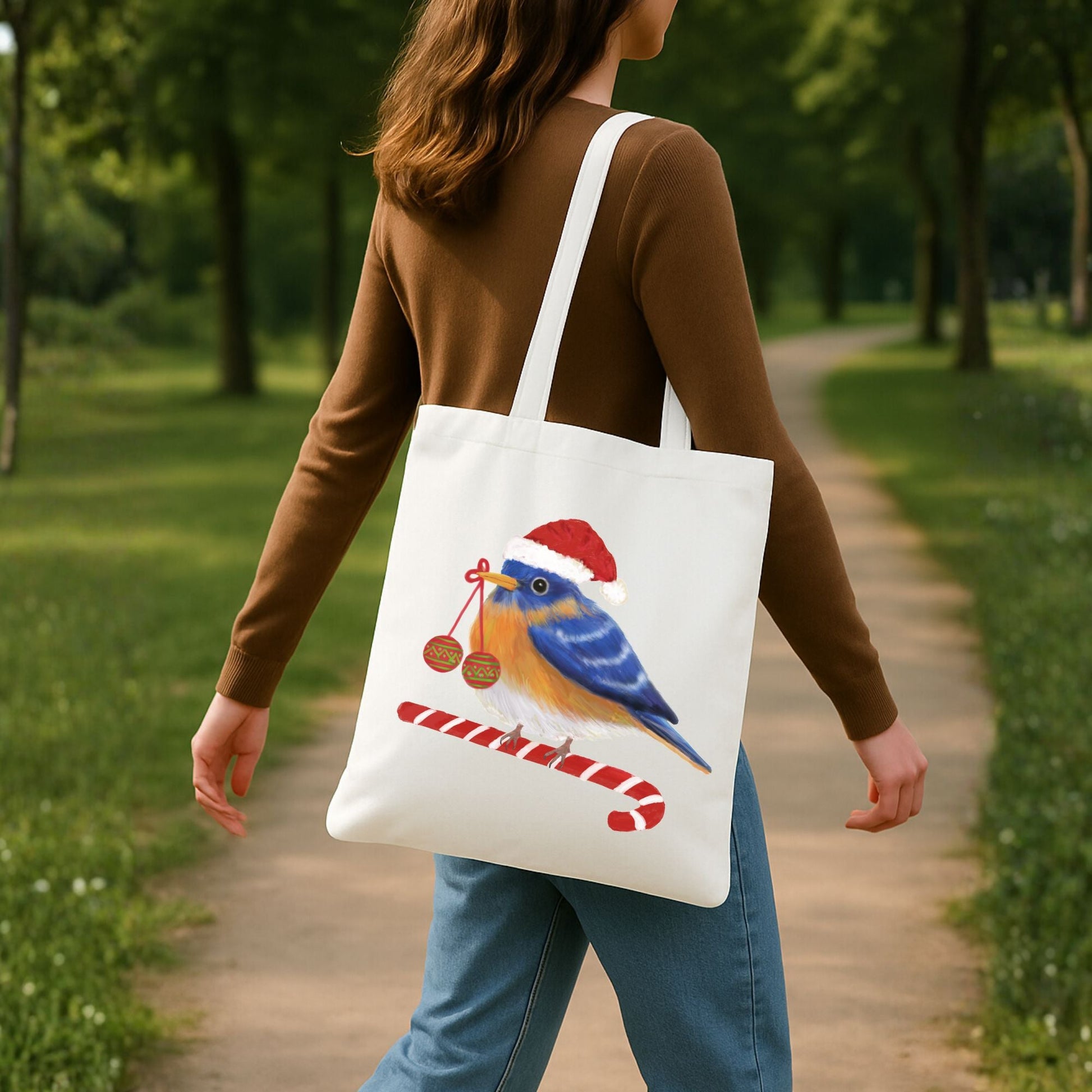 Christmas Bluebird Canvas Tote Bag - MerikaArt