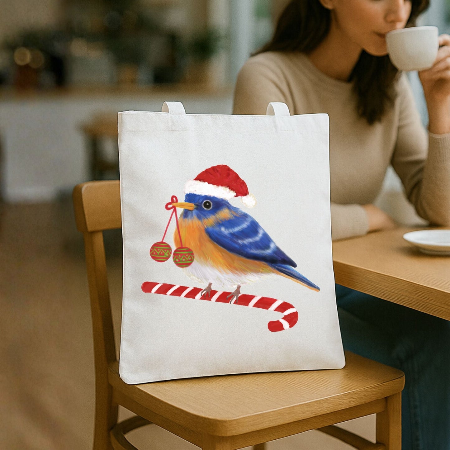 Christmas Bluebird Canvas Tote Bag - MerikaArt