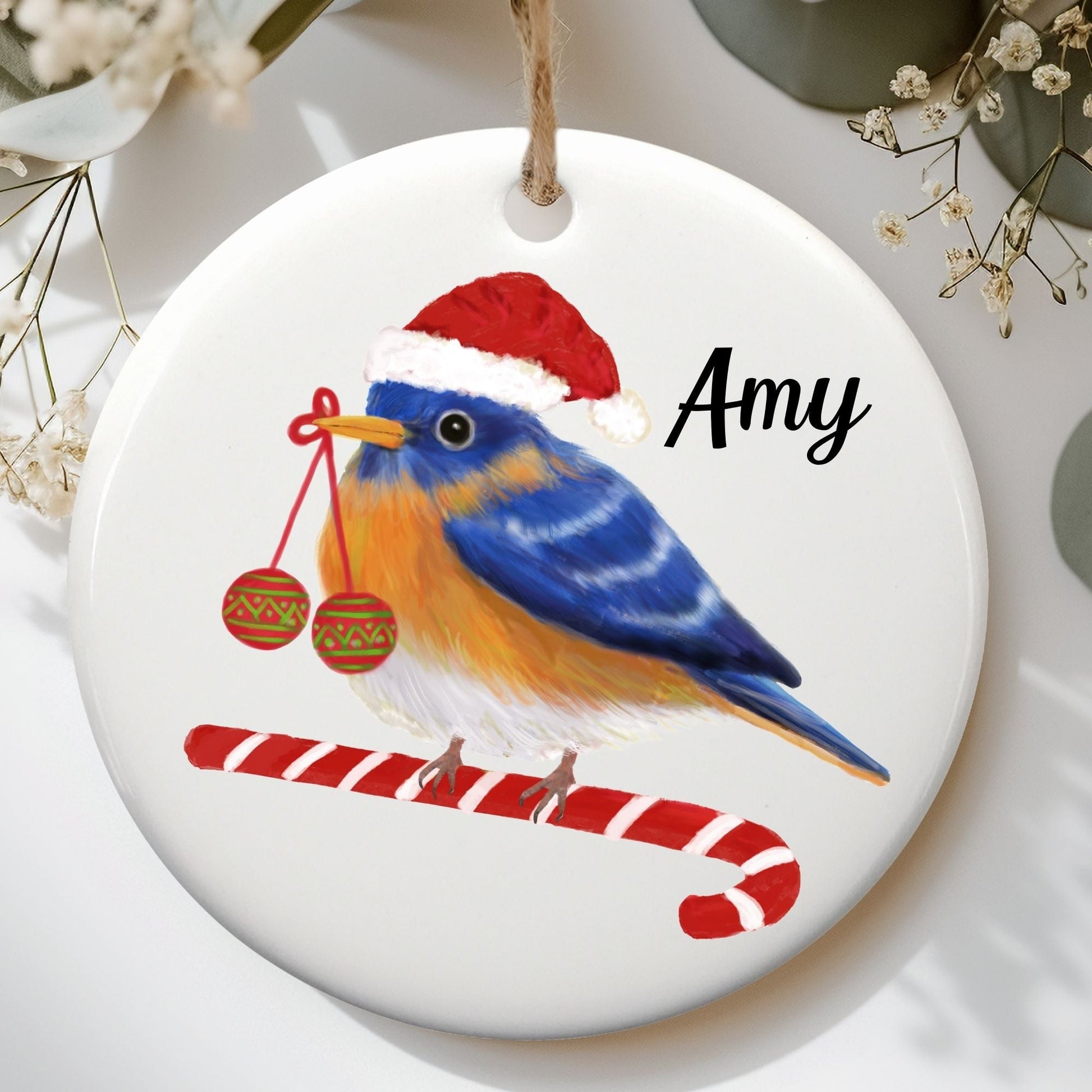 Christmas Bluebird Ceramic Ornament - MerikaArt