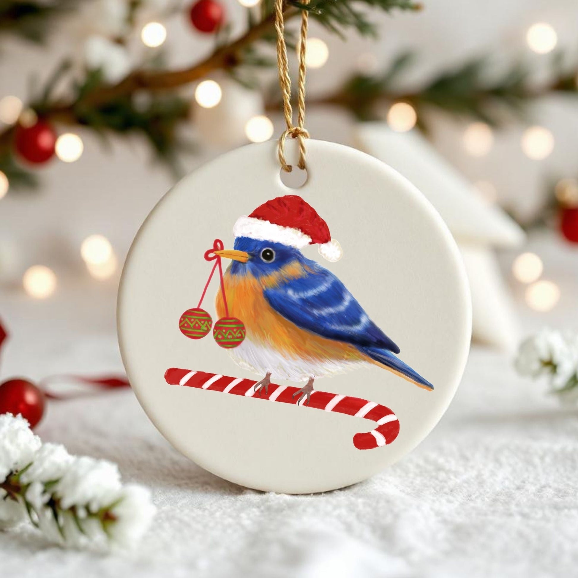 Christmas Bluebird Ceramic Ornament - MerikaArt