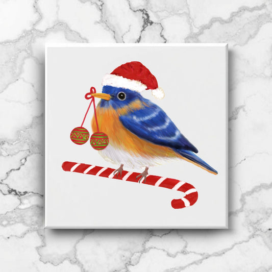 Christmas Bluebird Ceramic Tile – Festive Holiday Bird Art - MerikaArt