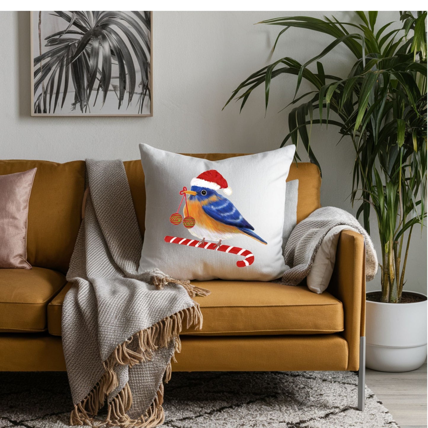 Christmas Bluebird Pillow - MerikaArt