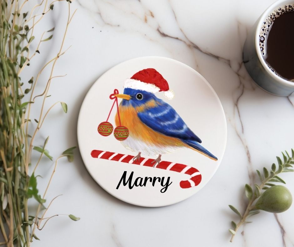 Christmas Bluebird with Santa Hat Ceramic Coaster - MerikaArt