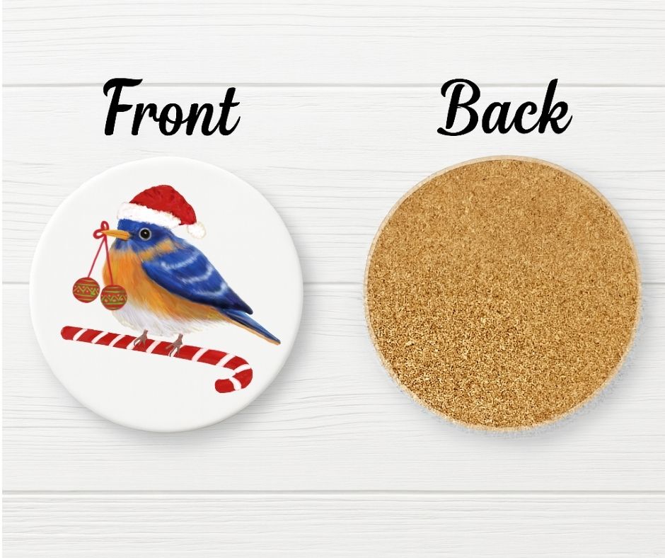 Christmas Bluebird with Santa Hat Ceramic Coaster - MerikaArt