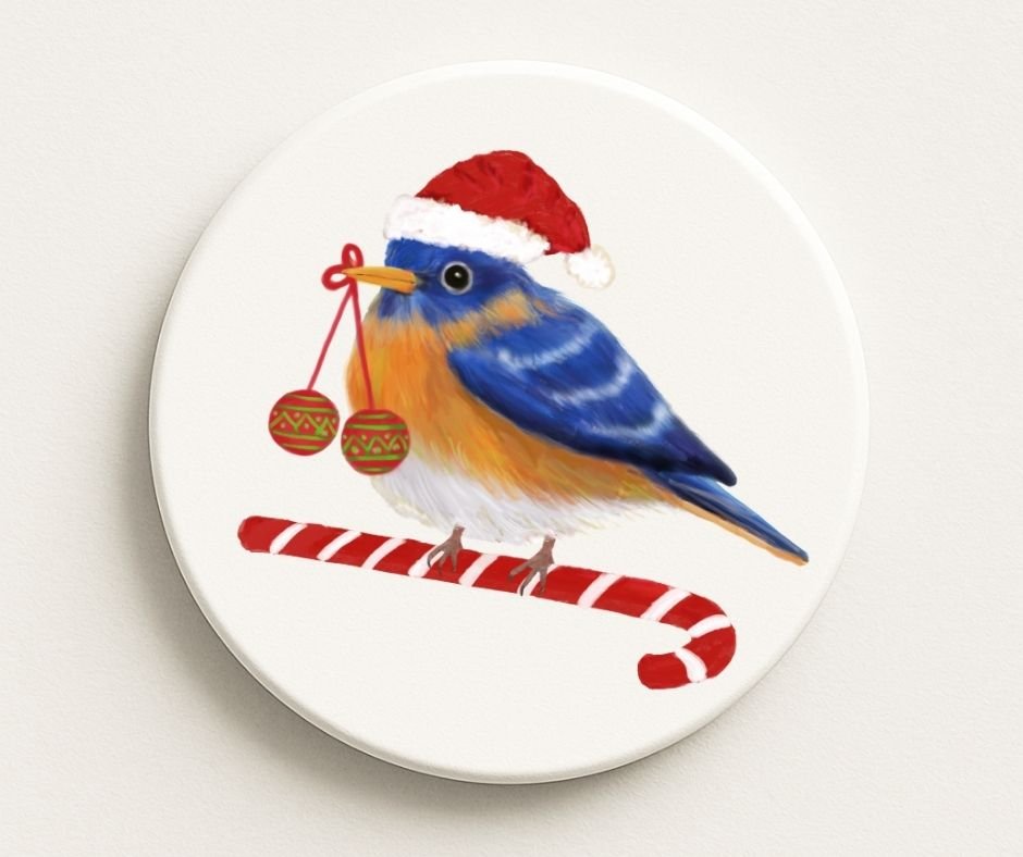 Christmas Bluebird with Santa Hat Ceramic Coaster - MerikaArt