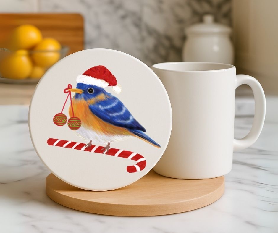 Christmas Bluebird with Santa Hat Ceramic Coaster - MerikaArt