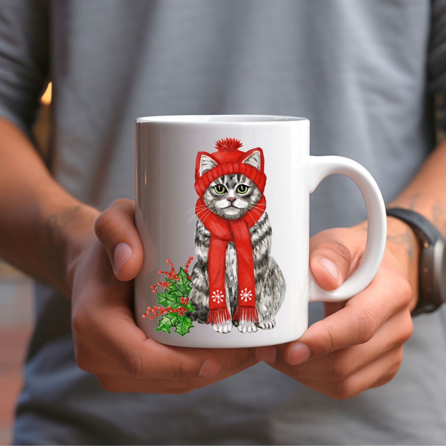 Christmas Cat Mug - MerikaArt
